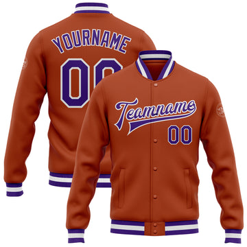 Custom Texas Orange Purple-White Bomber Full-Snap Varsity Letterman Jacket
