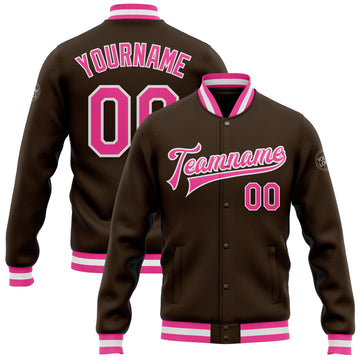 Custom Brown Pink-White Bomber Full-Snap Varsity Letterman Jacket