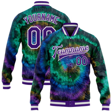 Custom Tie Dye Purple-White Rainbow 3D Bomber Full-Snap Varsity Letterman Jacket