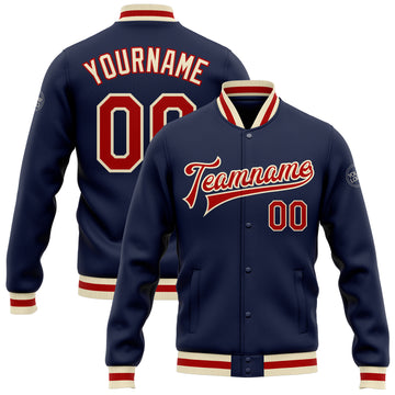 Custom Navy Red-Cream Bomber Full-Snap Varsity Letterman Jacket