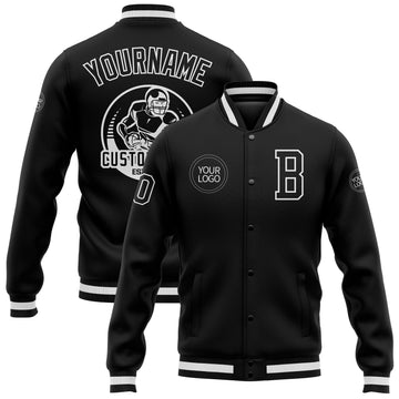 Custom Black Black-White Bomber Full-Snap Varsity Letterman Jacket