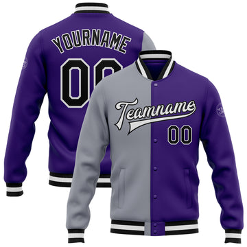 Custom Purple Black-Gray Bomber Full-Snap Varsity Letterman Split Fashion Jacket