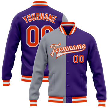Custom Purple Orange-Gray Bomber Full-Snap Varsity Letterman Split Fashion Jacket