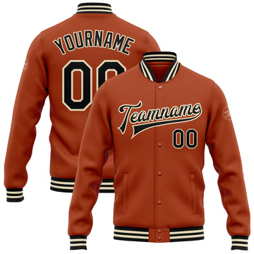 Custom Texas Orange Black-Cream Bomber Full-Snap Varsity Letterman Jacket