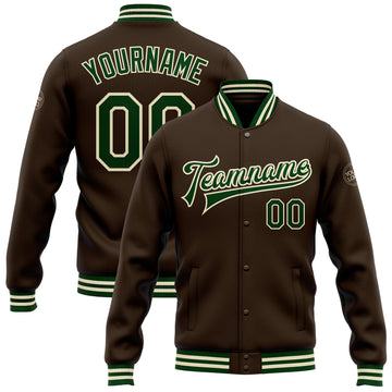 Custom Brown Green-Cream Bomber Full-Snap Varsity Letterman Jacket