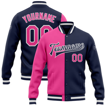 Custom Navy Pink-White Bomber Full-Snap Varsity Letterman Split Fashion Jacket