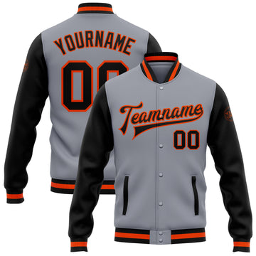 Custom Gray Black-Orange Bomber Full-Snap Varsity Letterman Two Tone Jacket