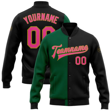 Custom Black Pink Kelly Green-Old Gold Bomber Full-Snap Varsity Letterman Split Fashion Jacket