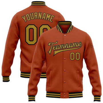 Custom Texas Orange Old Gold-Black Bomber Full-Snap Varsity Letterman Jacket