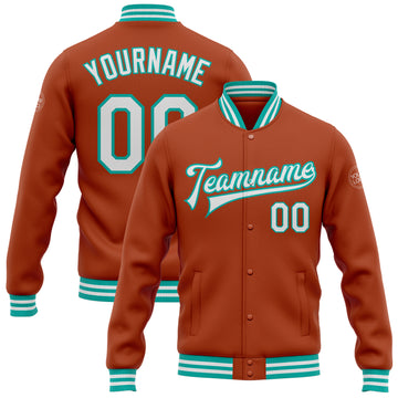 Custom Texas Orange White-Aqua Bomber Full-Snap Varsity Letterman Jacket