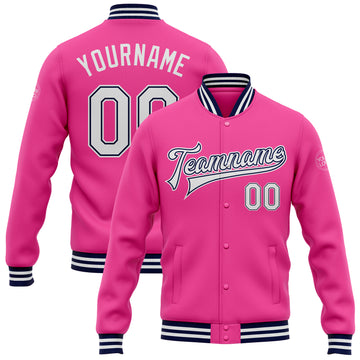 Custom Pink White-Navy Bomber Full-Snap Varsity Letterman Jacket