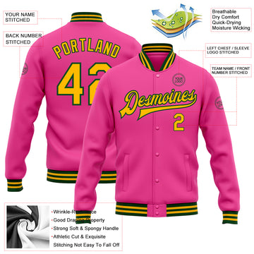 Custom Pink Gold-Green Bomber Full-Snap Varsity Letterman Jacket