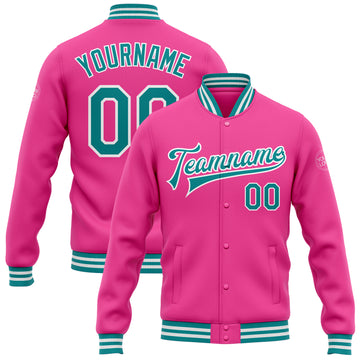 Custom Pink Teal-White Bomber Full-Snap Varsity Letterman Jacket