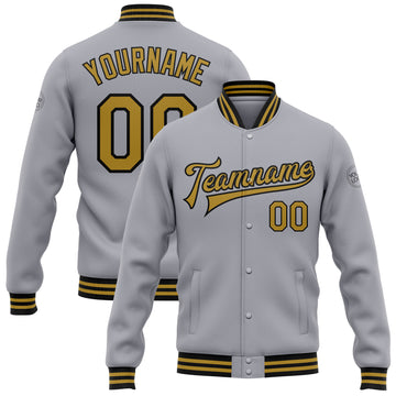 Custom Gray Old Gold-Black Bomber Full-Snap Varsity Letterman Jacket