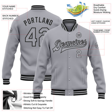 Custom Gray Black Bomber Full-Snap Varsity Letterman Jacket