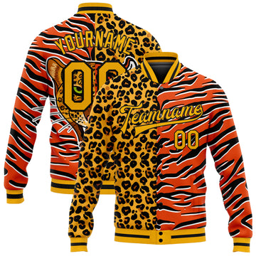 Custom Orange Gold-Black Tiger And Leopard Print 3D Pattern Design Bomber Full-Snap Varsity Letterman Jacket