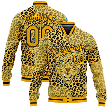 Custom Gold Black Leopard 3D Pattern Design Bomber Full-Snap Varsity Letterman Jacket