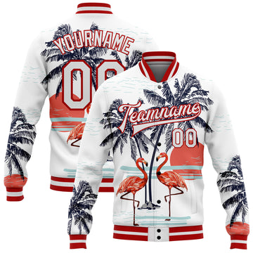 Custom White Red Flamingo And Tropical Hawaii Palm Tree 3D Pattern Design Bomber Full-Snap Varsity Letterman Jacket