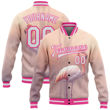 Custom Medium Pink White-Pink Flamingo 3D Pattern Design Bomber Full-Snap Varsity Letterman Jacket