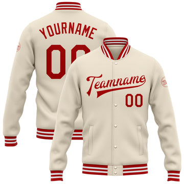 Custom Cream Red-White Bomber Full-Snap Varsity Letterman Jacket