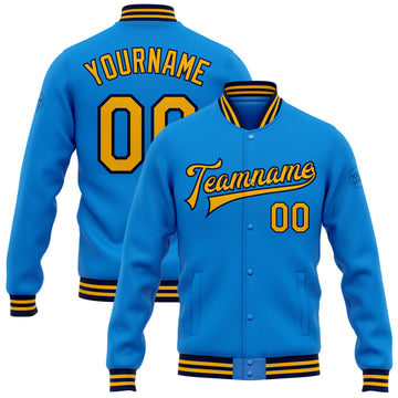 Custom Electric Blue Gold-Navy Bomber Full-Snap Varsity Letterman Jacket