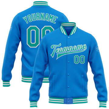 Custom Electric Blue Aqua-White Bomber Full-Snap Varsity Letterman Jacket