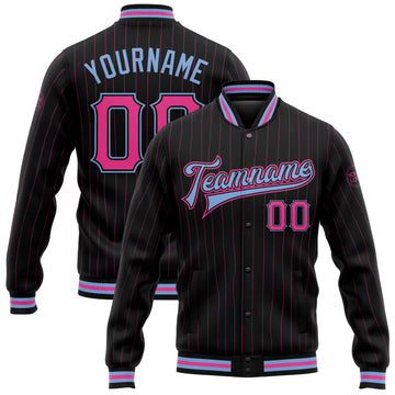 Custom Black Pink Pinstripe Light Blue Bomber Full-Snap Varsity Letterman Jacket