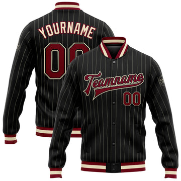 Custom Black Cream Pinstripe Maroon Bomber Full-Snap Varsity Letterman Jacket