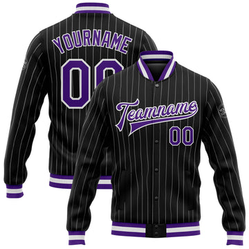 Custom Black White Pinstripe Purple Bomber Full-Snap Varsity Letterman Jacket