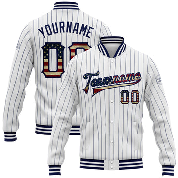 Custom White Navy Pinstripe Vintage USA Flag Bomber Full-Snap Varsity Letterman Jacket