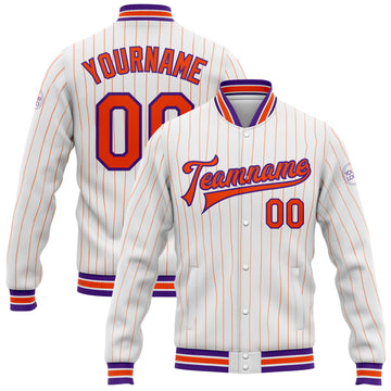 Custom White Orange Pinstripe Purple Bomber Full-Snap Varsity Letterman Jacket