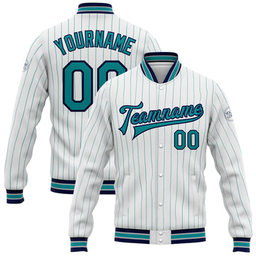 Custom White Teal Pinstripe Navy Bomber Full-Snap Varsity Letterman Jacket