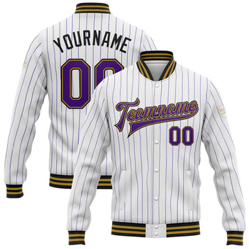 Custom White Purple Pinstripe Old Gold-Black Bomber Full-Snap Varsity Letterman Jacket