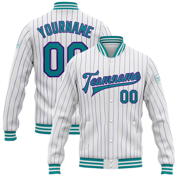 Custom White Purple Pinstripe Teal Bomber Full-Snap Varsity Letterman Jacket