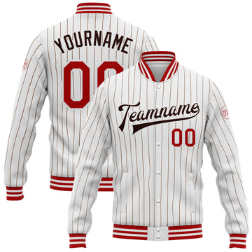 Custom White Brown Pinstripe Red Bomber Full-Snap Varsity Letterman Jacket