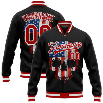 Custom Black Red-White Skull With American Flag 3D Bomber Full-Snap Varsity Letterman Jacket