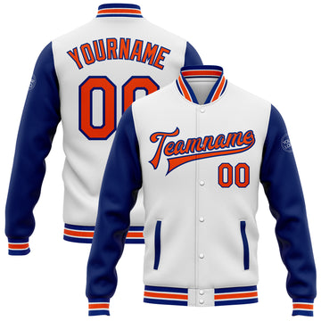 Custom White Orange-Royal Bomber Full-Snap Varsity Letterman Two Tone Jacket