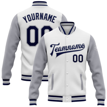 Custom White Navy-Gray Bomber Full-Snap Varsity Letterman Two Tone Jacket