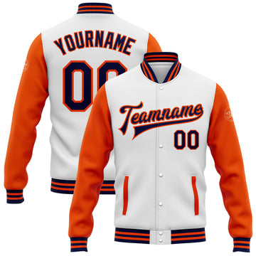 Custom White Navy-Orange Bomber Full-Snap Varsity Letterman Two Tone Jacket