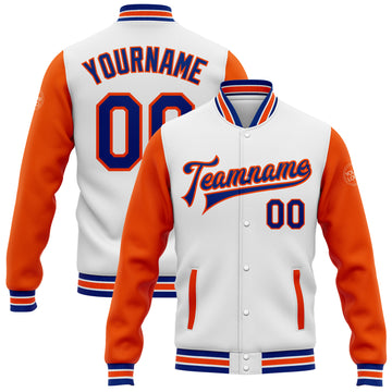 Custom White Royal-Orange Bomber Full-Snap Varsity Letterman Two Tone Jacket