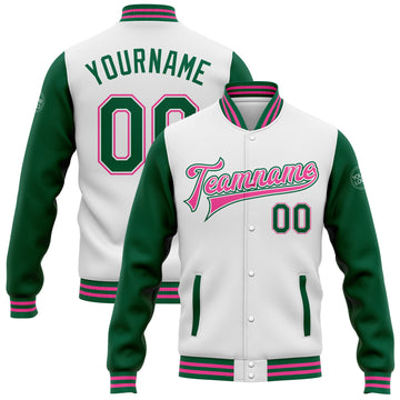 Custom White Kelly Green-Pink Bomber Full-Snap Varsity Letterman Two Tone Jacket