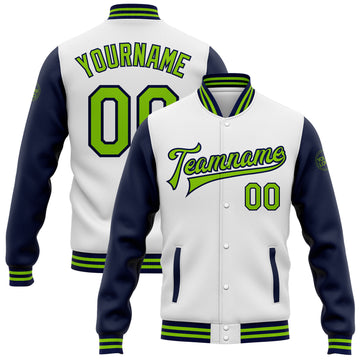 Custom White Neon Green-Navy Bomber Full-Snap Varsity Letterman Two Tone Jacket