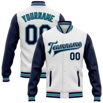 Custom White Navy Gray-Teal Bomber Full-Snap Varsity Letterman Two Tone Jacket