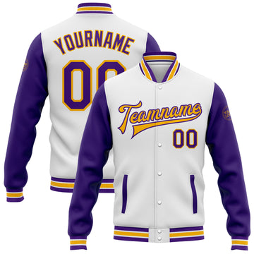 Custom White Purple-Gold Bomber Full-Snap Varsity Letterman Two Tone Jacket