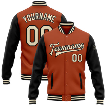 Custom Texas Orange Cream-Black Bomber Full-Snap Varsity Letterman Two Tone Jacket