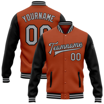 Custom Texas Orange Gray-Black Bomber Full-Snap Varsity Letterman Two Tone Jacket
