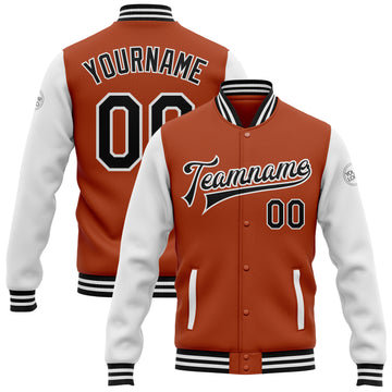 Custom Texas Orange Black-White Bomber Full-Snap Varsity Letterman Two Tone Jacket
