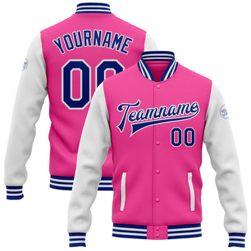 Custom Pink Royal-White Bomber Full-Snap Varsity Letterman Two Tone Jacket