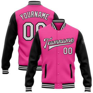 Custom Pink White-Black Bomber Full-Snap Varsity Letterman Two Tone Jacket