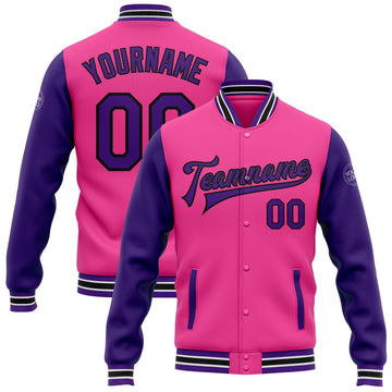 Custom Pink Purple-Black Bomber Full-Snap Varsity Letterman Two Tone Jacket